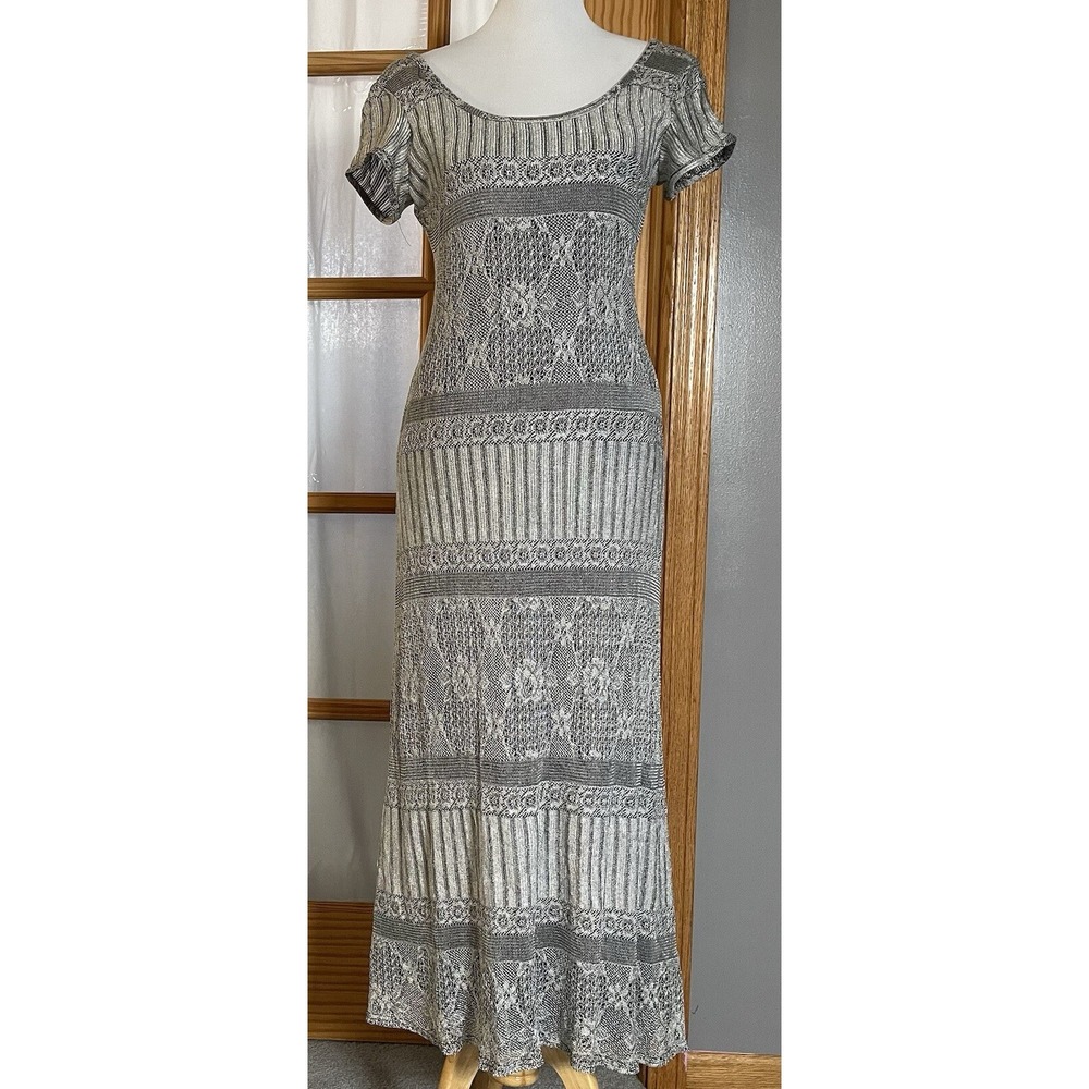 Vtg 80s Floral Striped Midi Dress 12 Gray Knit Shaping USA Made Classic Cottage